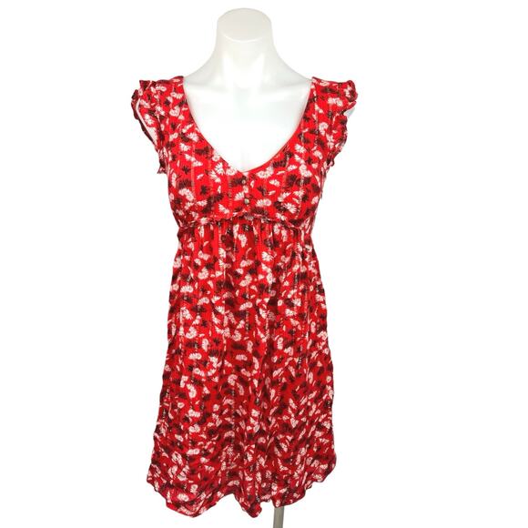 Promod Red V Neck Empire Waist Sleeeless Cutout Button Babydoll Mini Dress Sz 2 - Picture 1 of 5